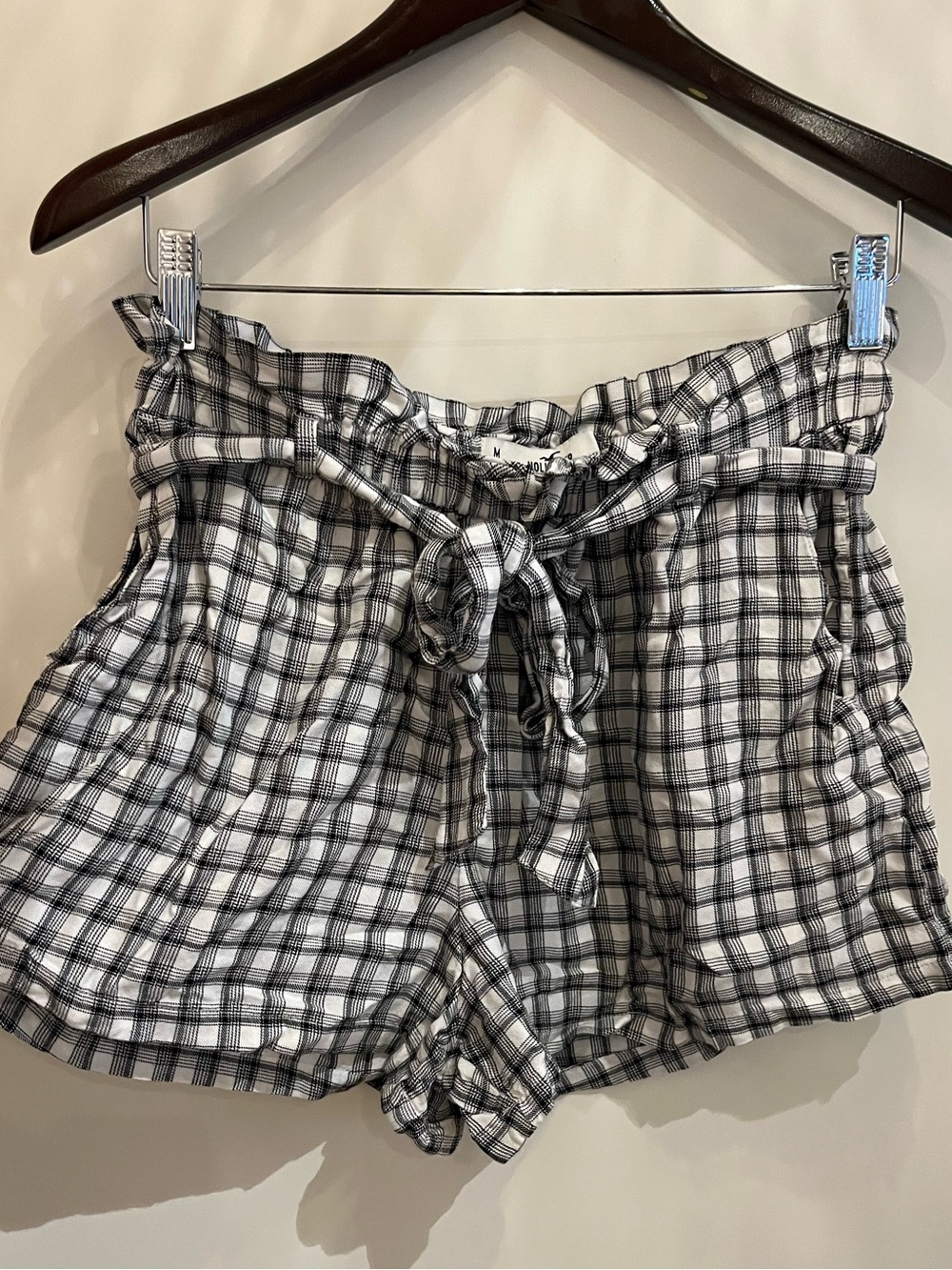 Hollister Black & White Plaid Paperbag Waist Shorts
